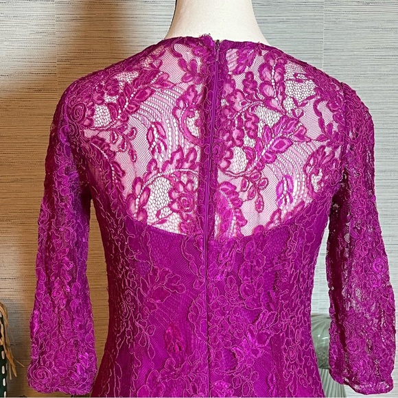Carmen Marc Valvo Botanical Berry Pink Sheath Dress 10 Lace 3/4 Sleeve Cocktail - Picture 6 of 9